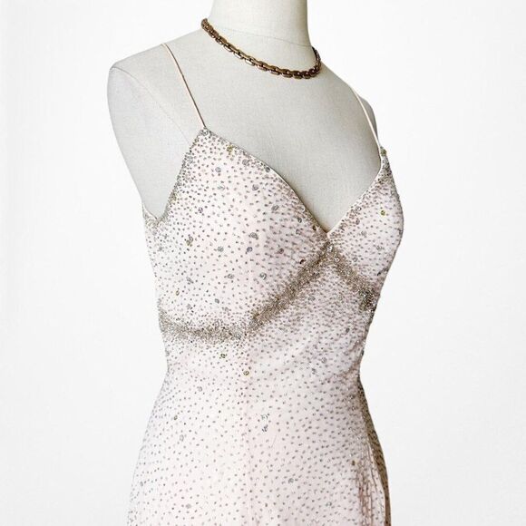 Vintage Pink Peach Beaded Thigh High Slit Fit Maxi Formal Prom Dress Size M - Picture 5 of 7